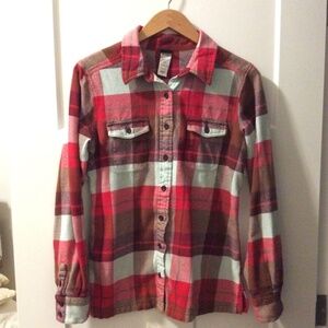 Patagonia W's Fjord Flannel button up shirt Red/Lt Blue/Chocolate - Size 6